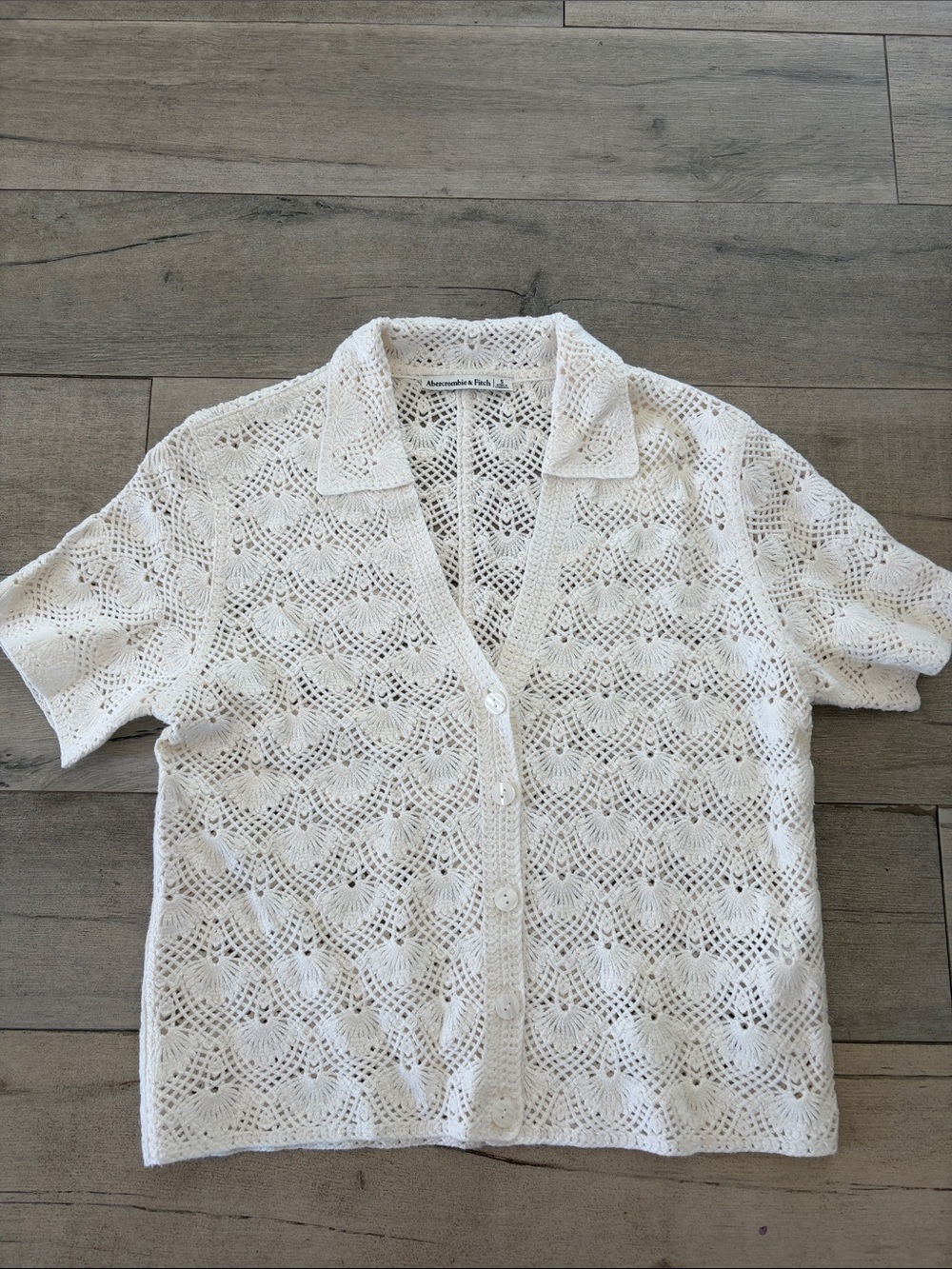 Abercrombie & Fitch White Crochet Button-Front Short Sleeve Shirt